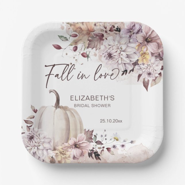 Fall in love pastel foliage pumpkin bridal shower paper plate (Front)