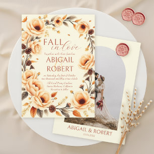 Fall in love peach floral border pine cone wedding invitation
