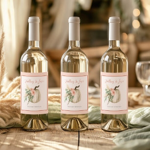 Fall In Love Pink and Terracotta Pumpkin Floral Wine Label