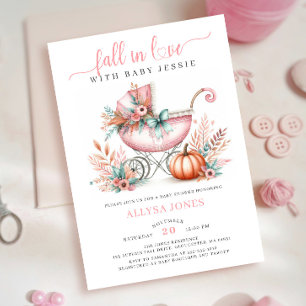Fall In Love Pink Autumn Floral Baby Shower Invitation