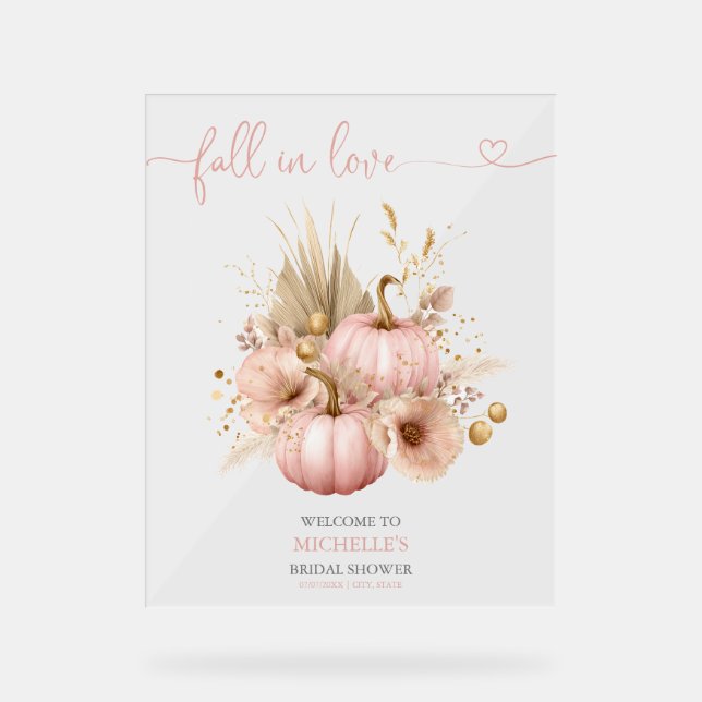 Fall in Love Pink Boho Pumpkin Welcome Sign (Front)