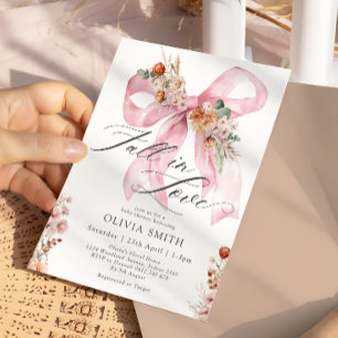 Fall in Love Pink Bow Floral Baby Shower Invitation