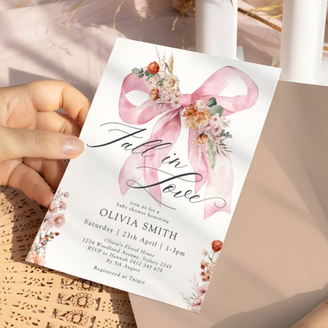 Fall in Love Pink Bow Floral Baby Shower Invitation (Creator Uploaded)