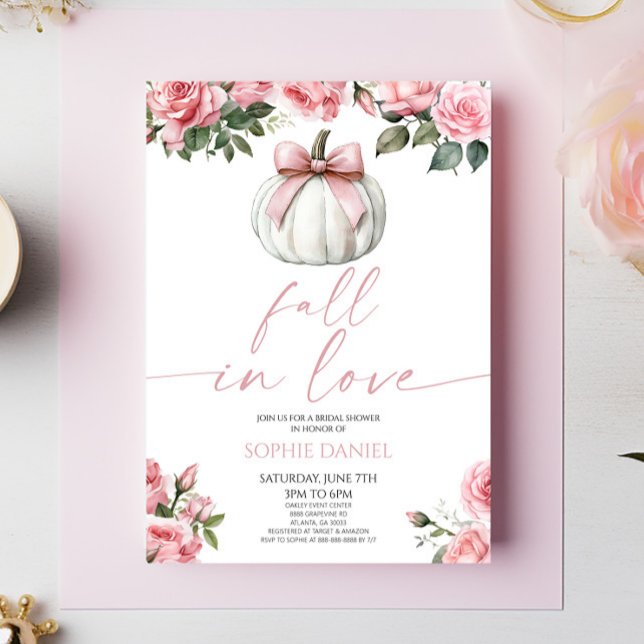 Fall In Love Pink Bow Pumpkin Floral Bridal Shower Invitation (Creator Uploaded)