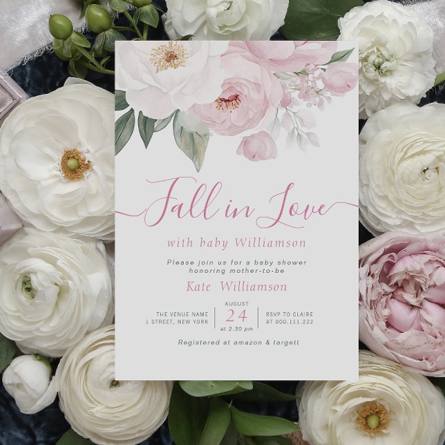 Fall in love pink floral baby shower invitation (Creator Uploaded)