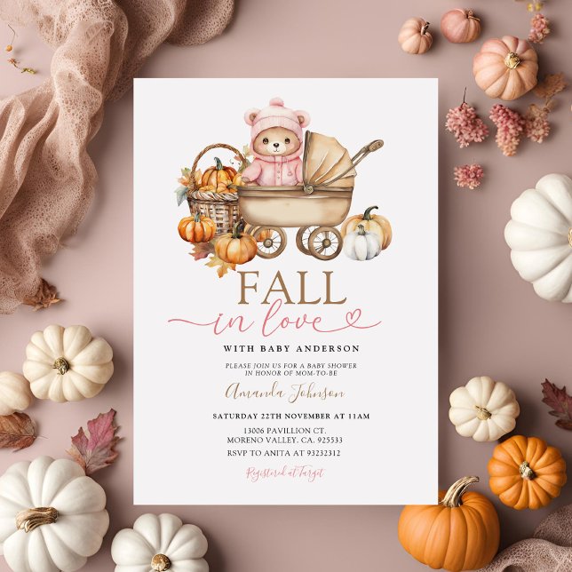 Fall in Love Pink Girl Gingham Bear Baby Shower Invitation (Creator Uploaded)