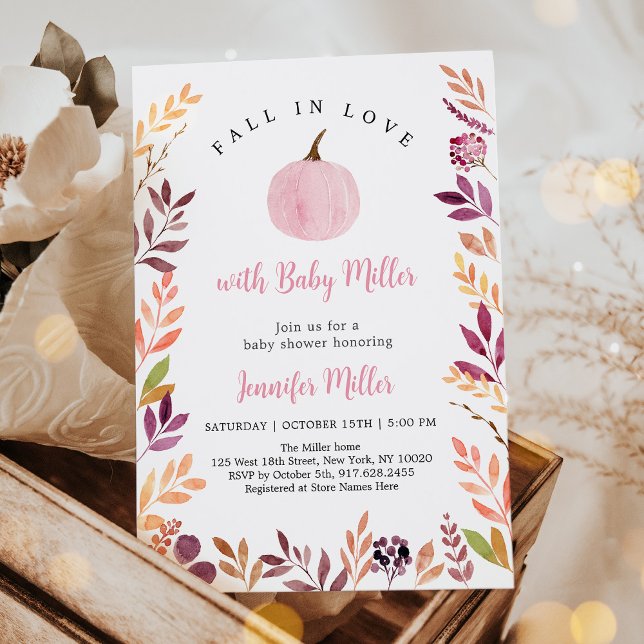 Fall In Love Pink Pumpkin Leaf Baby Shower Invitation (Creator Uploaded)