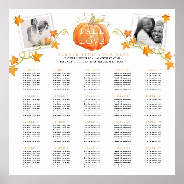 Fall in love pumpkin 20 wedding tables plan poster (Front)