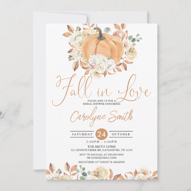 Fall in Love Pumpkin Autumn Floral Bridal Shower Invitation (Front)