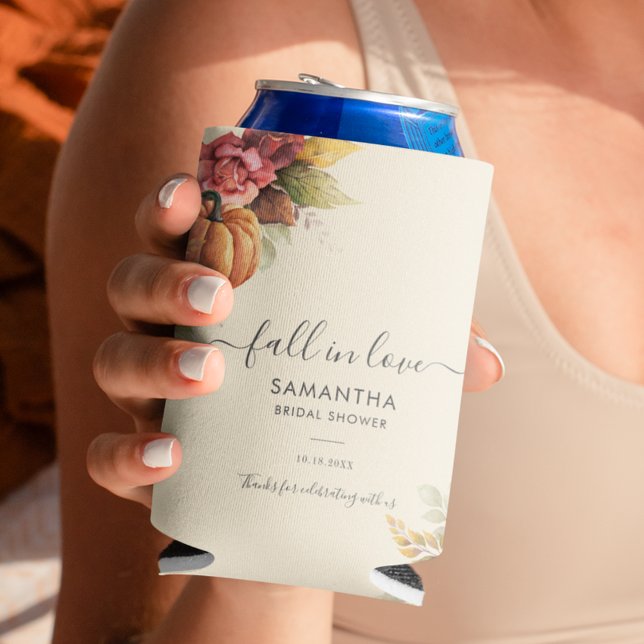 Fall in Love Pumpkin Autumn Leaves Bridal Shower Can Cooler (Fall in Love Floral Pumpkin Fall Bridal Shower Can Cooler)