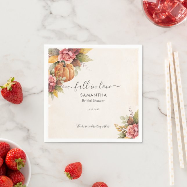 Fall in Love Pumpkin Autumn Leaves Bridal Shower Napkin (Insitu)