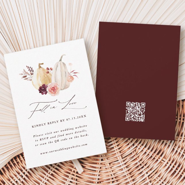 Fall in Love Pumpkin Autumn Wedding QR Code  RSVP Card (Front & Back)