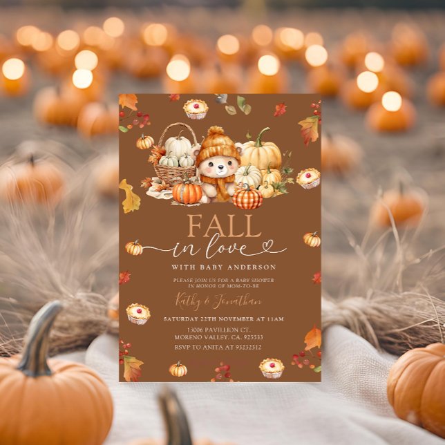 Fall in Love Pumpkin Basket Bear Fall Baby Shower Invitation (Creator Uploaded)