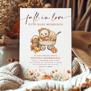 Fall in Love Pumpkin Bear Floral Baby Shower Invitation