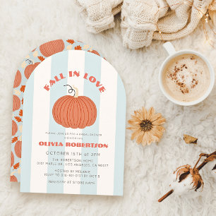Fall in Love Pumpkin Blue Stripes Bridal Shower Invitation