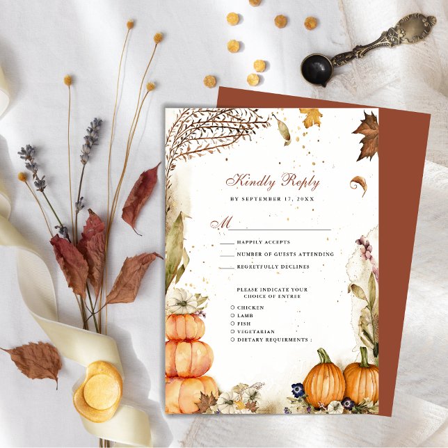 Fall In Love Pumpkin Botanical Autumn Wedding RSVP Enclosure Card (Creator Uploaded)