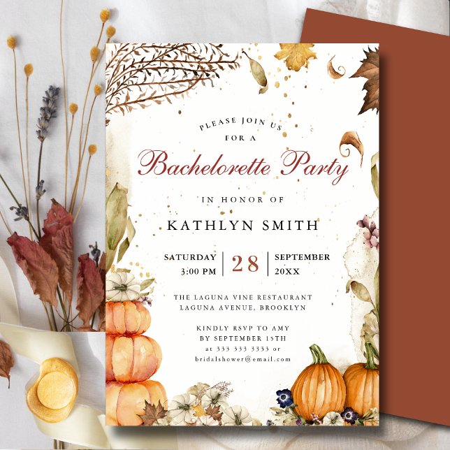 Fall In Love Pumpkin Botanical Bachelorette Party Invitation (Creator Uploaded)