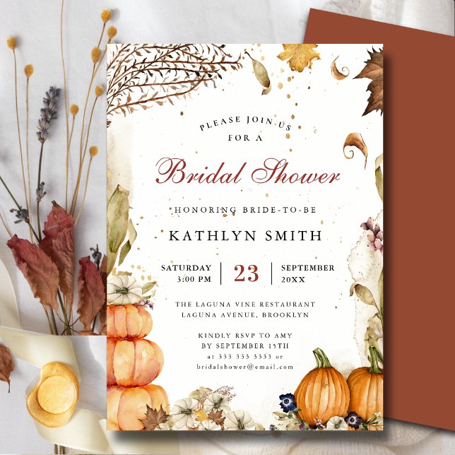 Fall In Love Pumpkin Botanical Brown Bridal Shower Invitation (Creator Uploaded)