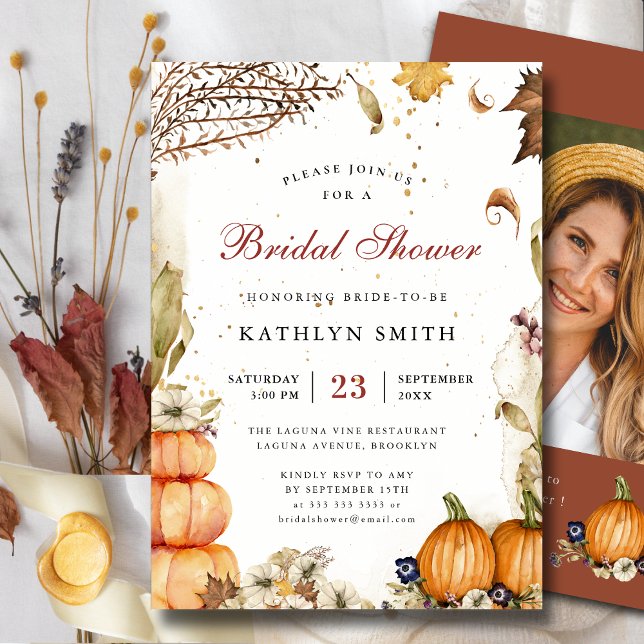 Fall In Love Pumpkin Botanical Brown Bridal Shower Invitation (Creator Uploaded)