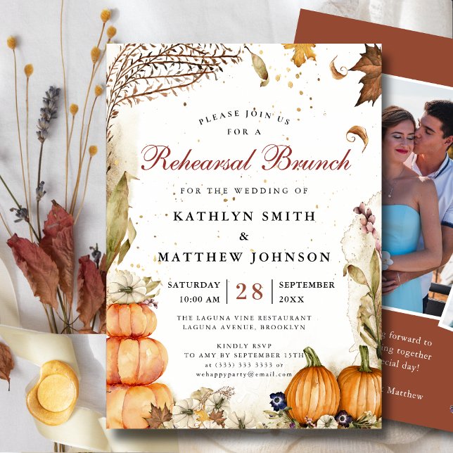 Fall In Love Pumpkin Botanical Rehearsal Brunch Invitation (Creator Uploaded)