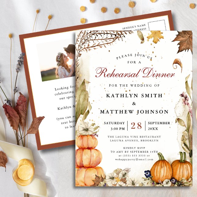 Fall In Love Pumpkin Botanical Rehearsal Dinner Invitation Postcard (Creator Uploaded)