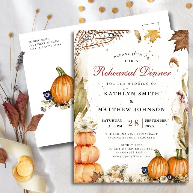 Fall In Love Pumpkin Botanical Rehearsal Dinner Invitation Postcard (Creator Uploaded)