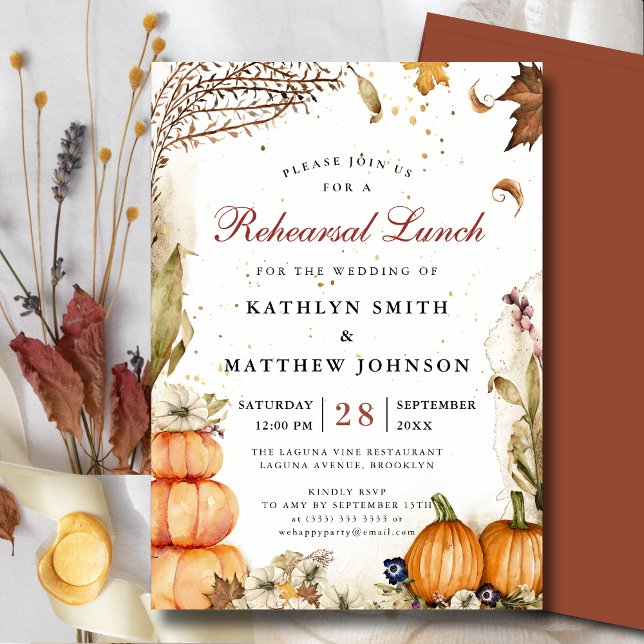 Fall In Love Pumpkin Botanical Rehearsal Lunch Invitation (Creator Uploaded)
