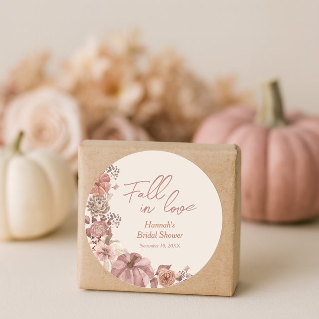 Fall in Love Pumpkin Bridal Shower Classic Round Sticker (Creator Uploaded)