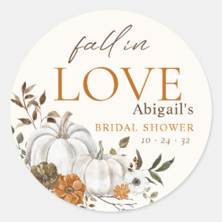 Fall in Love Pumpkin Bridal Shower Watercolor Classic Round Sticker