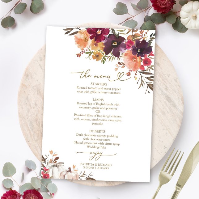 Fall in Love Pumpkin Burgundy Wedding Menu Card (Creator Uploaded)