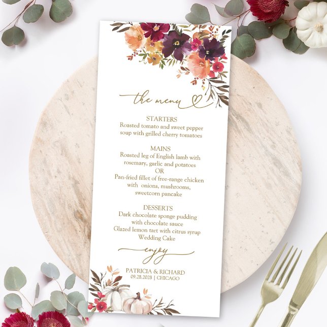 Fall in Love Pumpkin Burgundy Wedding Menu Cards (Creator Uploaded)