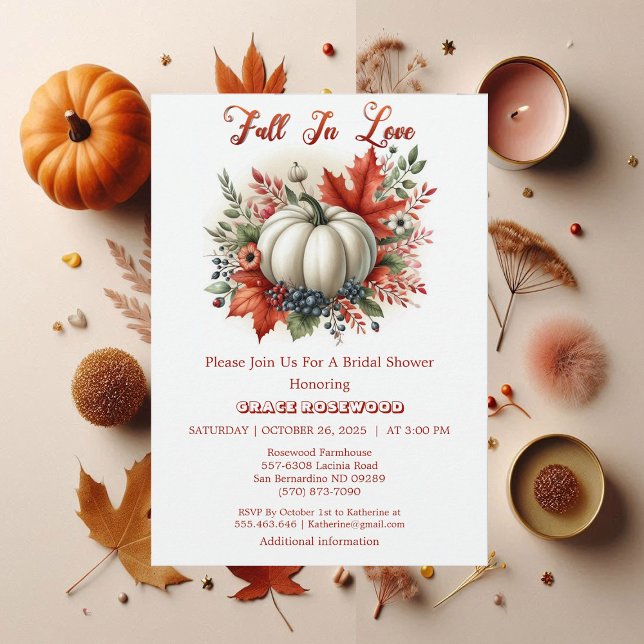 Fall In Love Pumpkin Country Rustic Bridal Shower Invitation (Fall In Love White Pumpkin Botanical Boho Rustic Invitation)