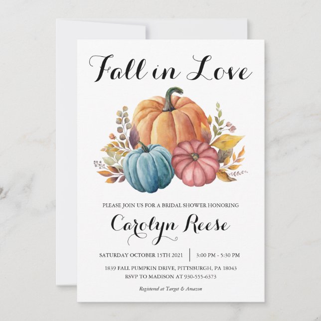 Fall in Love Pumpkin Fall Floral Bridal Shower Invitation (Front)