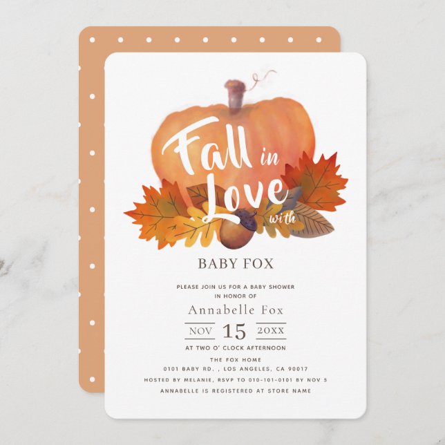 Fall in Love Pumpkin Fall Leaves Baby Shower Invitation (Front/Back)