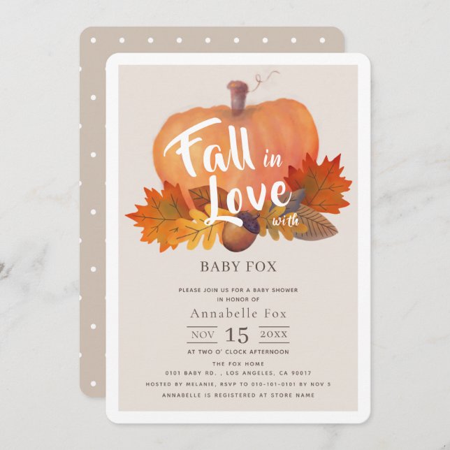 Fall in Love Pumpkin Fall Leaves Beige Baby Shower Invitation (Front/Back)