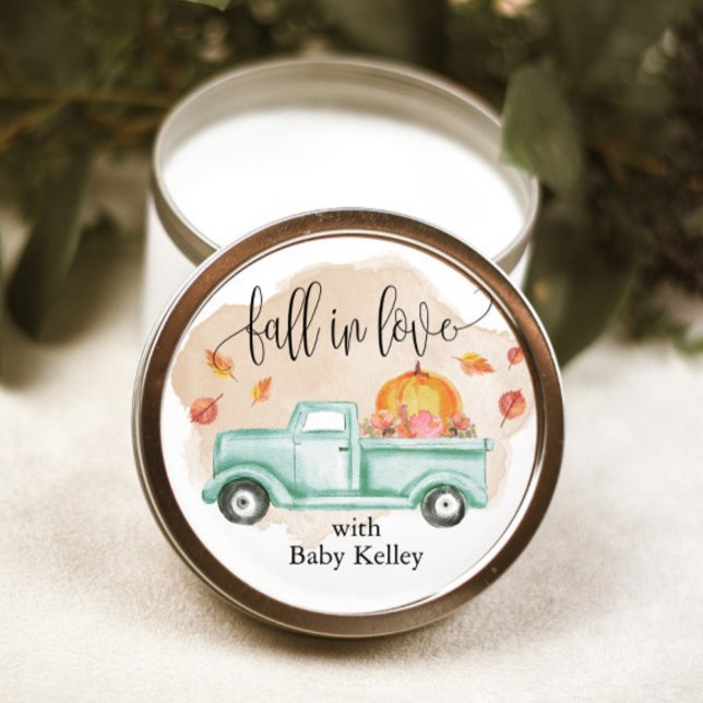 Fall in Love Pumpkin Farm Truck Baby Shower Classic Round Sticker (Use these stickers to create your own party favors.)