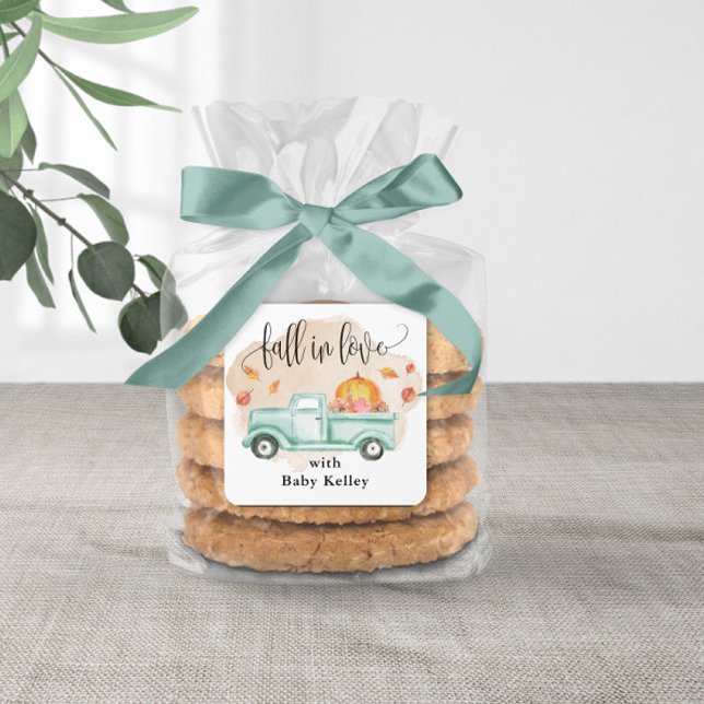 Fall in Love Pumpkin Farm Truck Baby Shower Square Sticker (Make your own party favors using this cute favor sticker.)