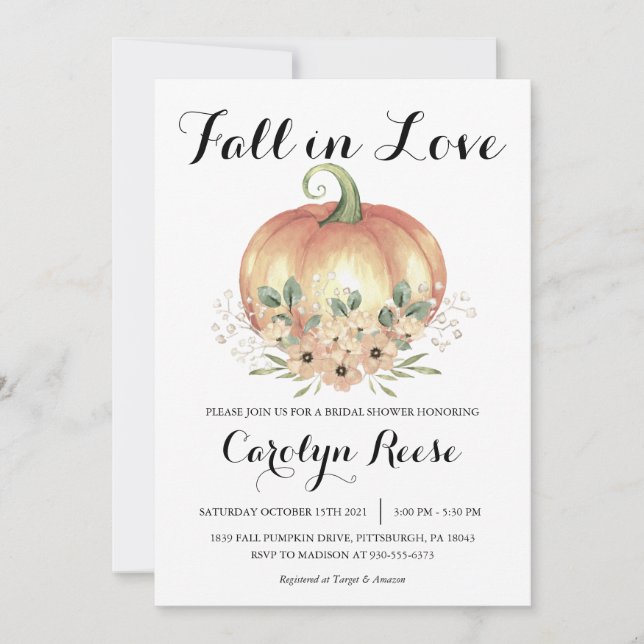 Fall in Love Pumpkin Floral Autumn Bridal Shower Invitation (Front)