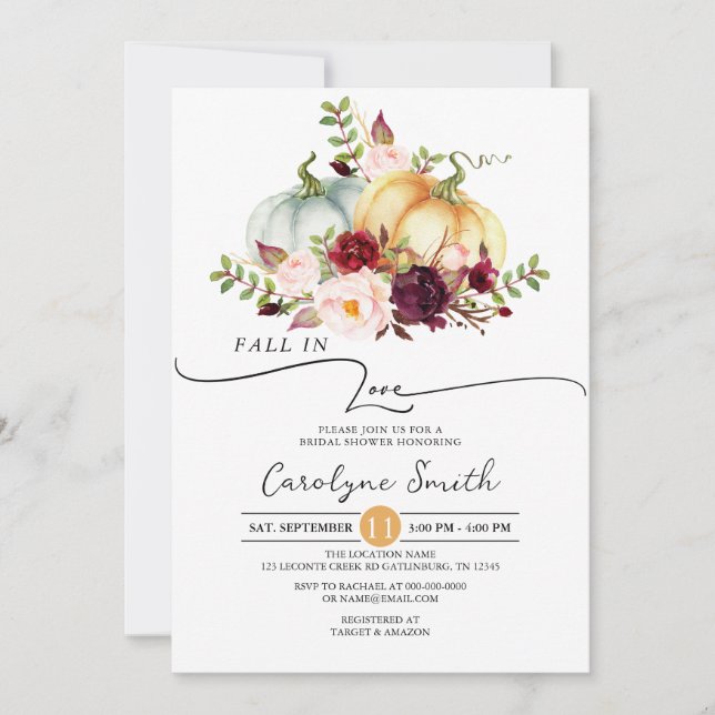 Fall in Love Pumpkin Floral Bridal Shower Invitation (Front)