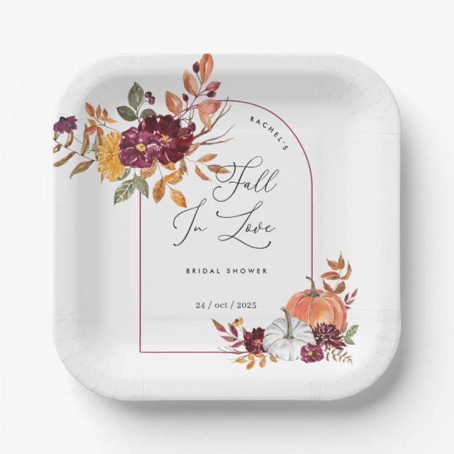 Fall In Love Pumpkin Floral Bridal Shower Paper Plate (Front)