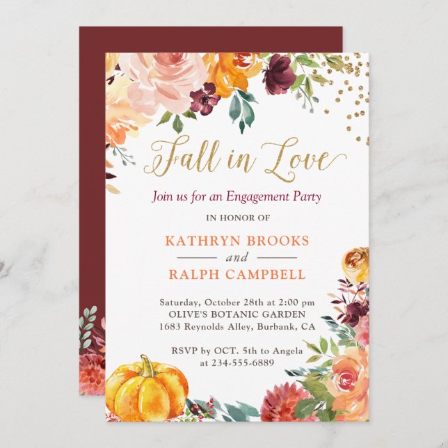 Fall in Love Pumpkin Floral Gold Engagement Party Invitation (Front/Back)
