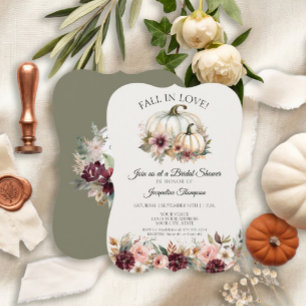 Fall in Love Pumpkin Floral Green Bridal Shower Invitation