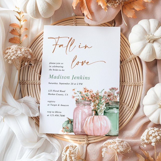 Fall In Love Pumpkin Floral Jars Bridal Shower Invitation (Creator Uploaded)