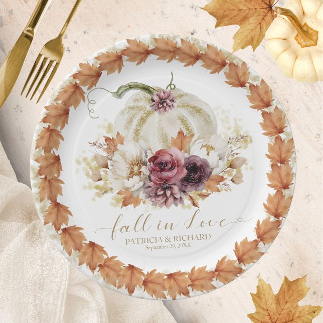 Fall in Love Pumpkin Floral Wedding Paper Plate (Creator Uploaded)