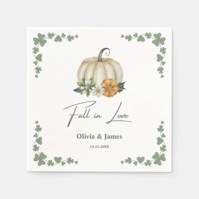 Fall in Love Pumpkin Greenery Sage Green Wedding  Napkin (Front)