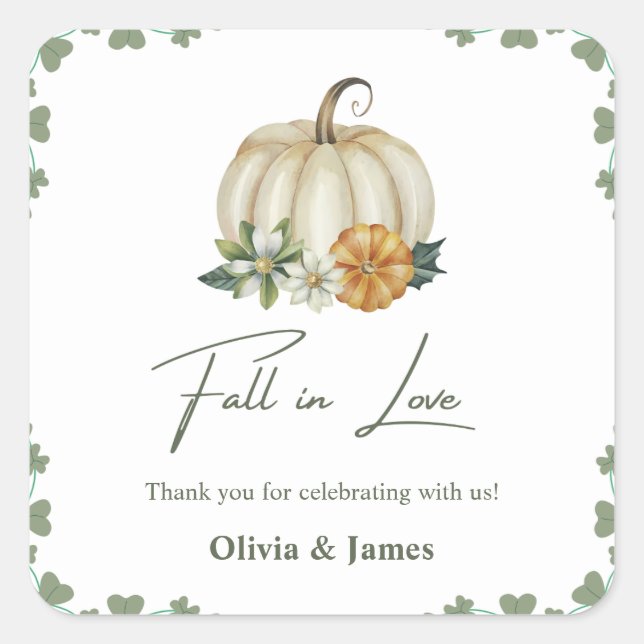 Fall in Love Pumpkin Greenery Sage Green Wedding  Square Sticker (Front)