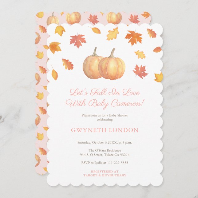 Fall In Love Pumpkin Leaves Baby Shower For Girl Invitation (Front/Back)