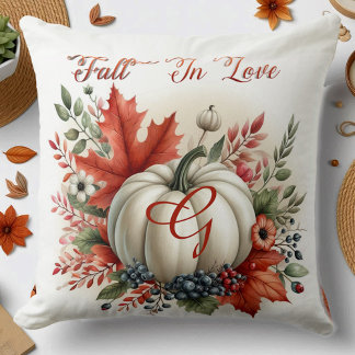 Fall In Love Pumpkin Monogram Autumn Leaves Rustic Cushion