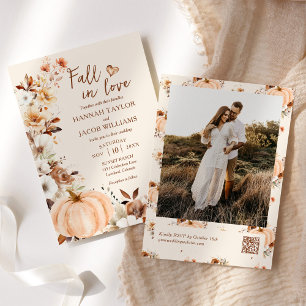 Fall in Love Pumpkin Photo QR Code Wedding Invitation