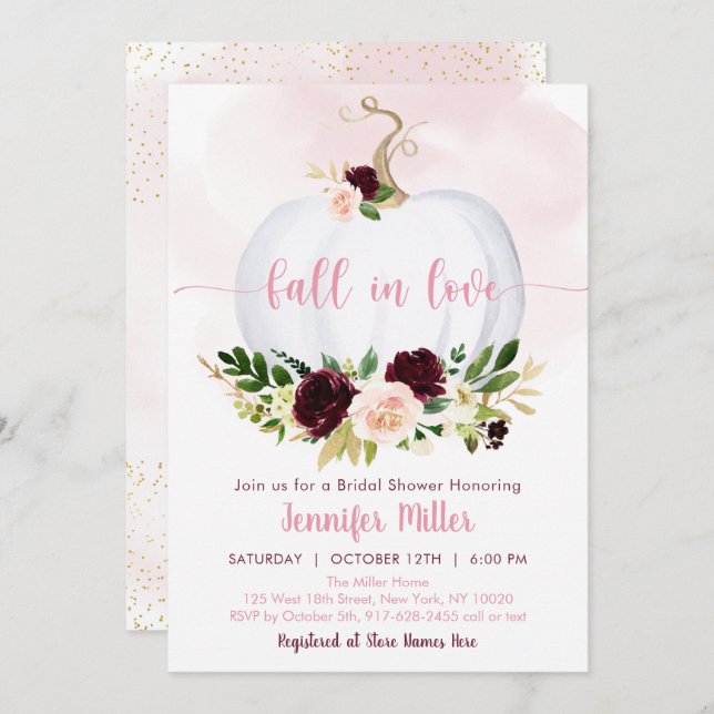 Fall In Love Pumpkin Pink Burgundy Bridal Shower Invitation (Front/Back)